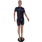 Letter Print Casual T-Shirt and Shorts Two Piece Set