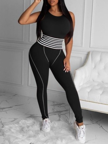Sexy Sports Sleeveless Slinky Jumpsuit with Contrast Stripes