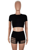 Black Short Sleeve Crop Top and Ripped Shorts Outfits