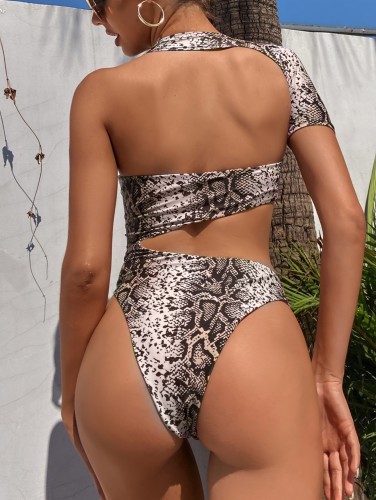 Sexy One Shoulder Cutout One Piece Snakeskin Swimwear