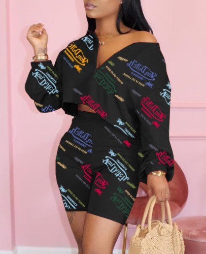 Long Sleeve Letter Print Crop Top and Shorts Two Piece Outfits
