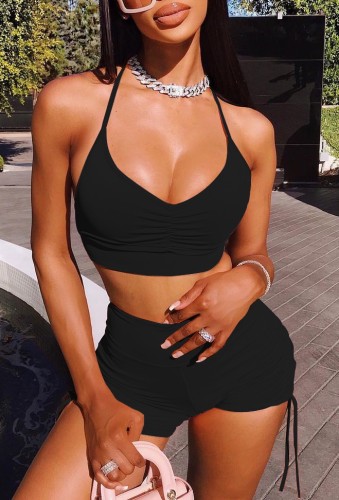 Solid Ruched Halter Bra and Drawstrings Shorts Sports Suits