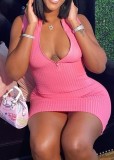 Pink Zip Front Sleeveless Ribbed Slinky Mini Dress