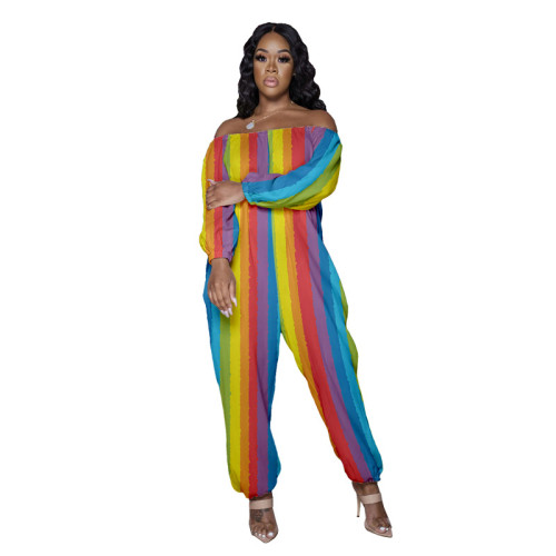 Colorful Striped Casual Loose Off Shoulder Jumpsuit