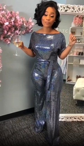 Plus Size Sequin Blue Wiast Tie Party Jumpsuit