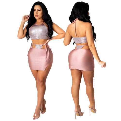 Sexy Halter Crop Top and Slit Mini Skirt Two Piece Set