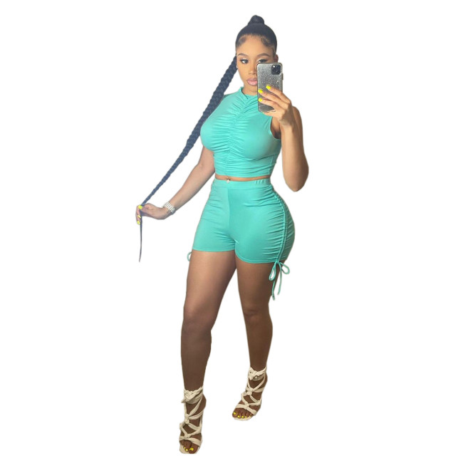 Cyan Sleeveless Ruched Crop Top and Drawstrings Shorts Outfits
