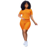 Orange Short Sleeve Textured Tee and Shorts Set
