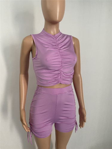 Lilac Sleeveless Ruched Crop Top and Drawstrings Shorts Outfits