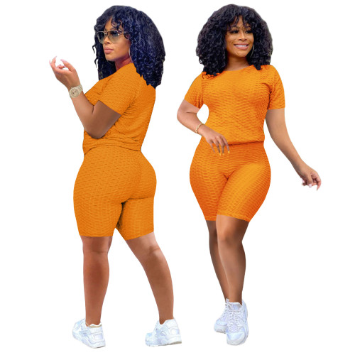 Orange Short Sleeve Textured Tee and Shorts Set