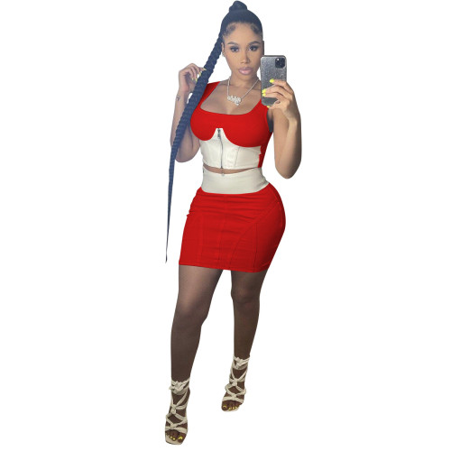Red Crop Tank Top and Mini Skirt Matching Set