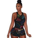Fashion Letter Print Tank Top and Shorts Set