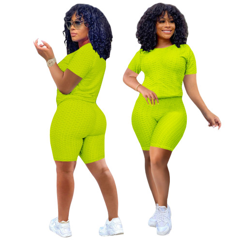 Neon Green Short Sleeve Textured Tee and Shorts Set