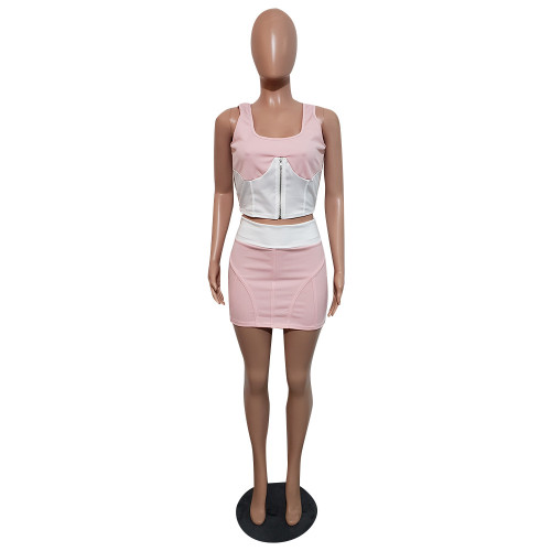 Pink Crop Tank Top and Mini Skirt Matching Set