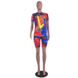 Plus Size Tie Dye Print Fitted Two Piece Shorts Set with Mask