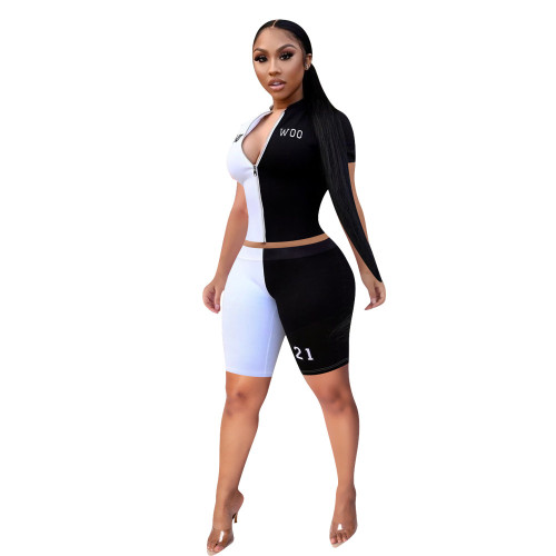 White Black Print Bodycon Crop Top and Shorts Two Piece Outfits