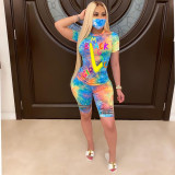 Plus Size Tie Dye Print Fitted Two Piece Shorts Set with Mask
