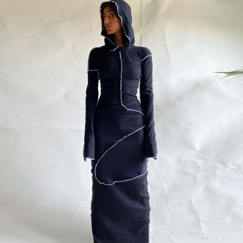 Black Casual Long Sleeve Maxi Dress with Hood