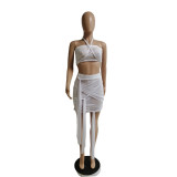 Sexy See Through Mesh Hlater Crop Top & Strings Mini Skirt Set