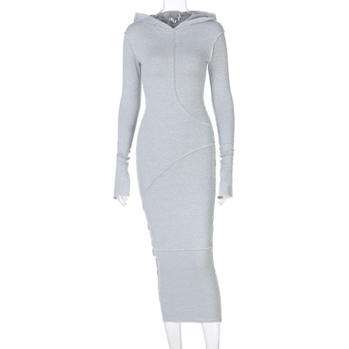 Gray Casual Long Sleeve Maxi Dress with Hood