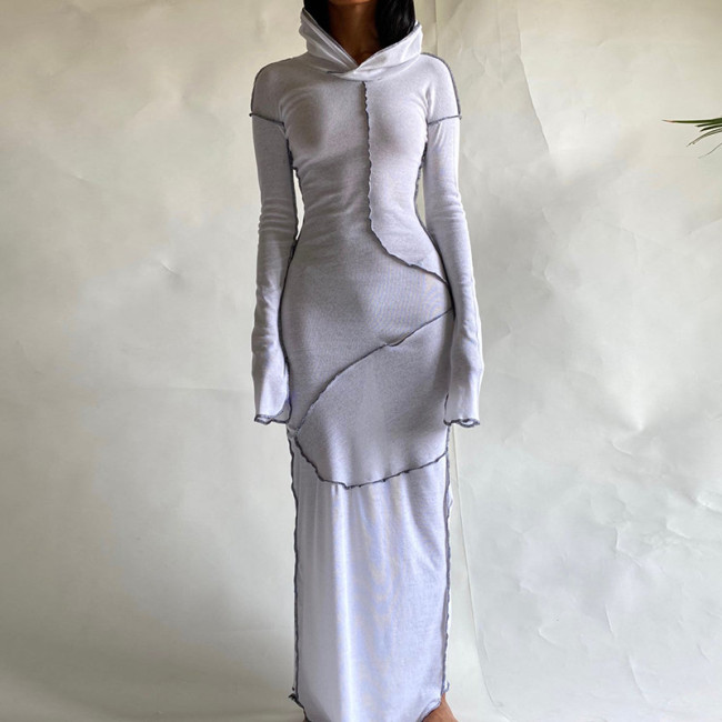 White Casual Long Sleeve Maxi Dress with Hood