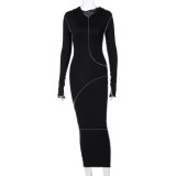 Black Casual Long Sleeve Maxi Dress with Hood