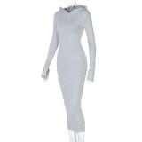 Gray Casual Long Sleeve Maxi Dress with Hood