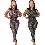 Transparent Floral Mesh Sleeveless Sexy Bodycon Jumpsuit