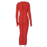 Red Casual Long Sleeve Maxi Dress with Hood