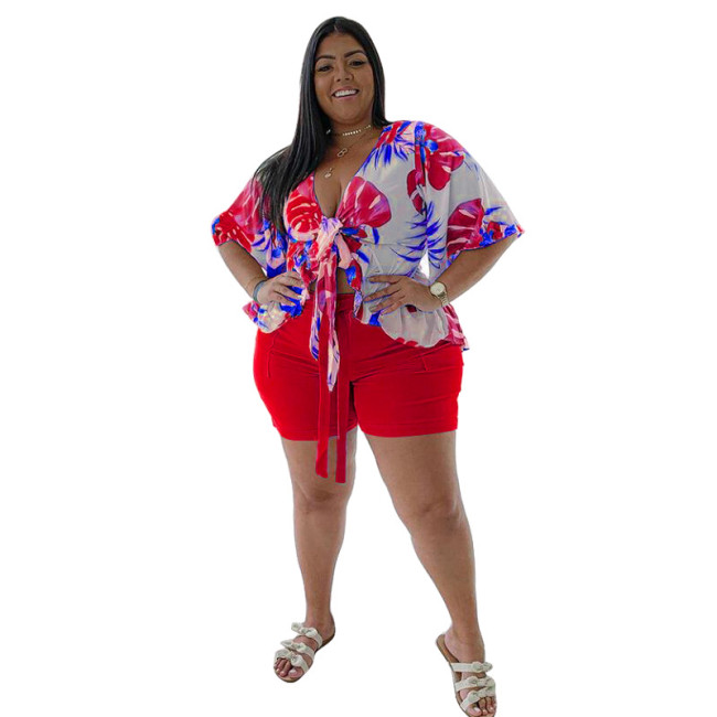 Plus Size Floral Blouse and Red Shorts Two Piece Set