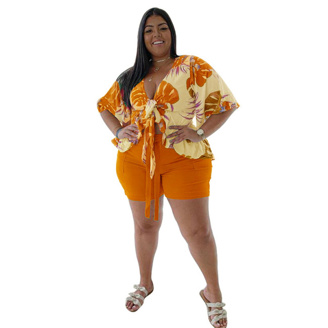 Plus Size Floral Blouse and Orange Shorts Two Piece Set