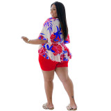 Plus Size Floral Blouse and Red Shorts Two Piece Set