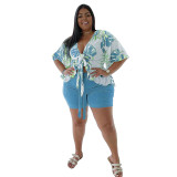 Plus Size Floral Blouse and Light Blue Shorts Two Piece Set