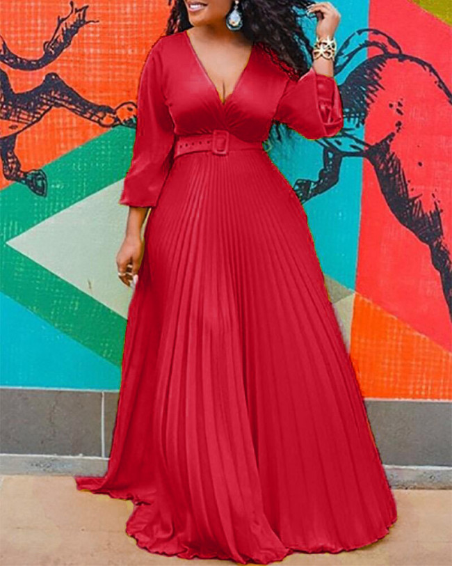 Red V Neck Sexy Pleated Maxi Dress