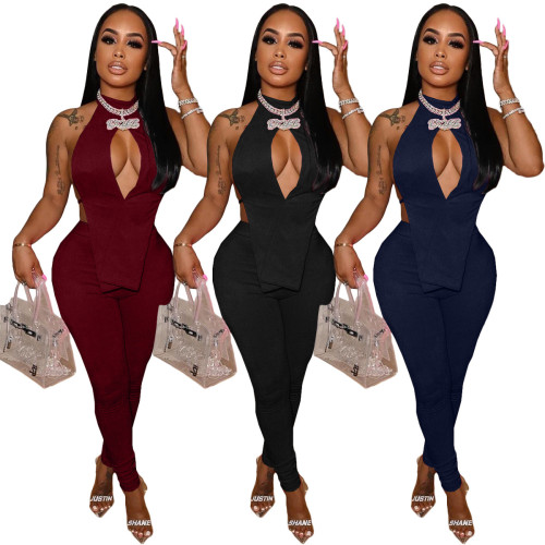 Velvet Halter Cut Out Backless Sexy Two Piece Pants Set
