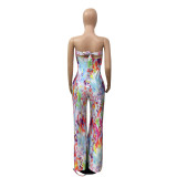 Spring Strapless Colorful Print Wide Leg Jumpsuit