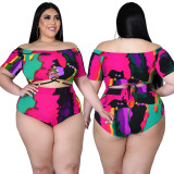Plus Size Lace Up Colorful Print Two Piece Swimwear