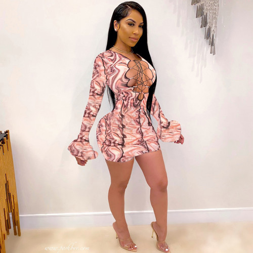 Pink Print Long Sleeve Lace-Up Sexy Bodycon Dress