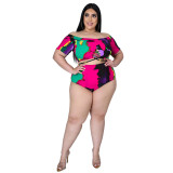 Plus Size Lace Up Colorful Print Two Piece Swimwear