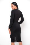 Black Plunge Long Sleeve Ruched Front Slit Midi Dress