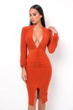Solid Plunge Long Sleeve Ruched Front Slit Midi Dress