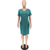 Plus Size Solid Casual V Neck T Shirt Dress