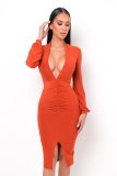 Solid Plunge Long Sleeve Ruched Front Slit Midi Dress
