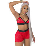 Contrast Lace Bra Top and Shorts Two Piece Set