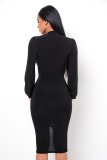 Black Plunge Long Sleeve Ruched Front Slit Midi Dress