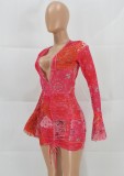 Print Sexy Deep-V Ruched Drawstrings Mini Dress