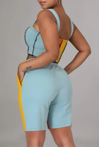 Color Block Wide Straps Crop Top and Biker Shorts 2PCS Outfits