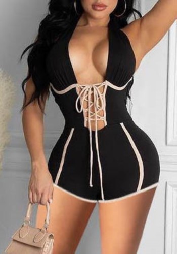 Sexy Black Lace-Up Halter Backless Bodycon Rompers