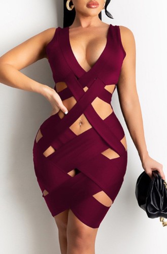 Solid Hollow Out Deep-V Sleeveless Bandage Dress