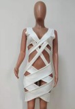 White Hollow Out Deep-V Sleeveless Bandage Dress